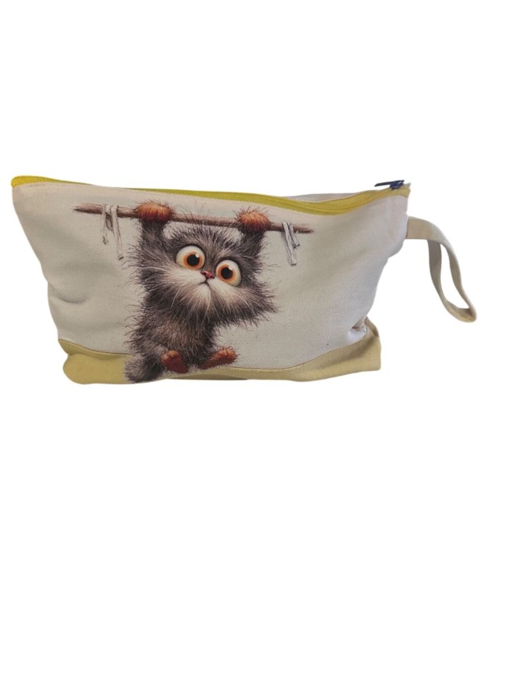 Silkfly cotton canvas yellow and cream dangling cat makeup pencil toiletry trave